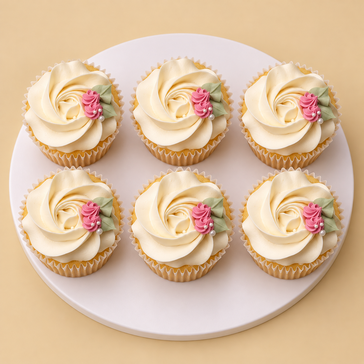 Ivory Rosette & Pink Rose Cupcake Box — reference-based design preview