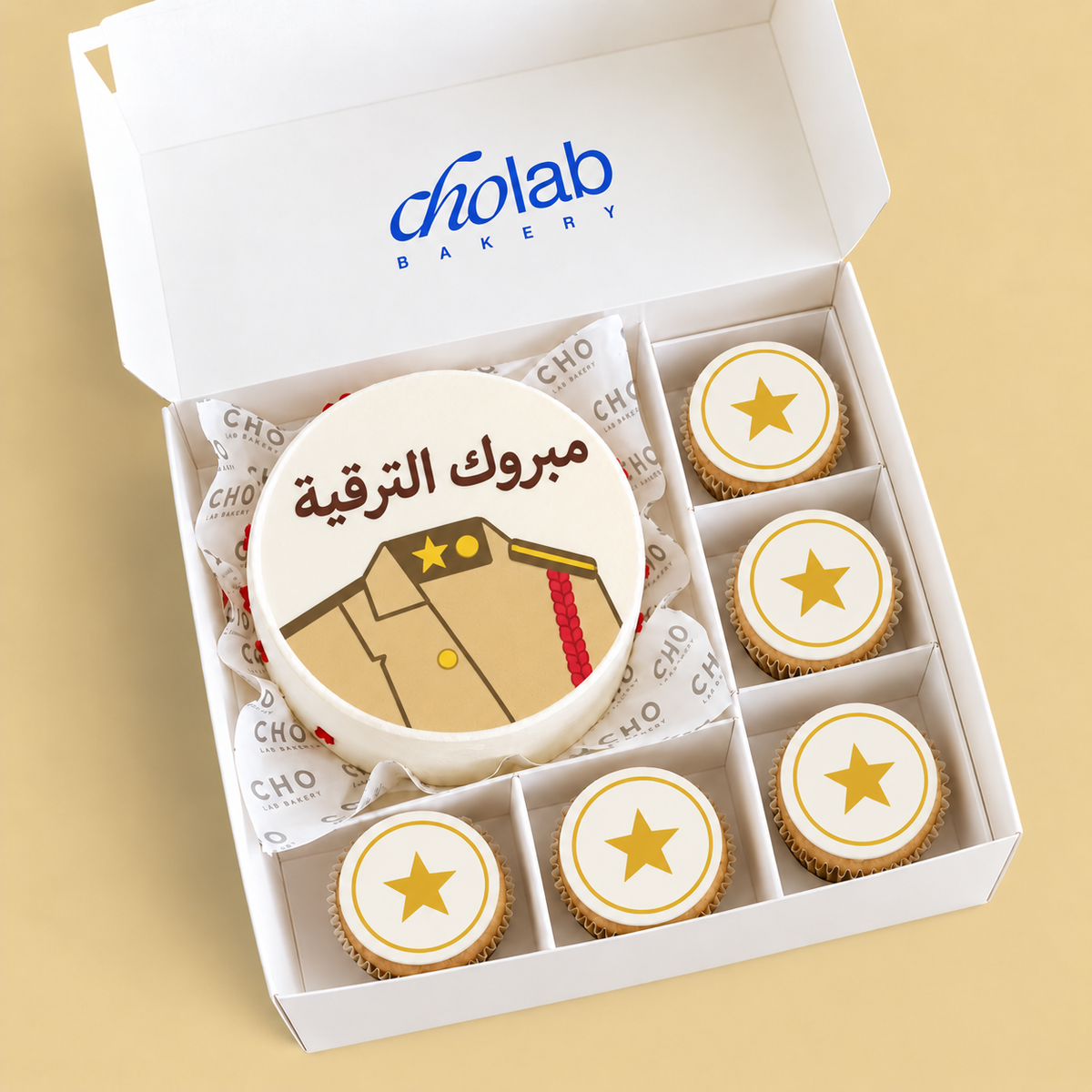 Promotion — Sand Uniform — Edible Print — one mini cake and five cupcakes with edible printed artwork
