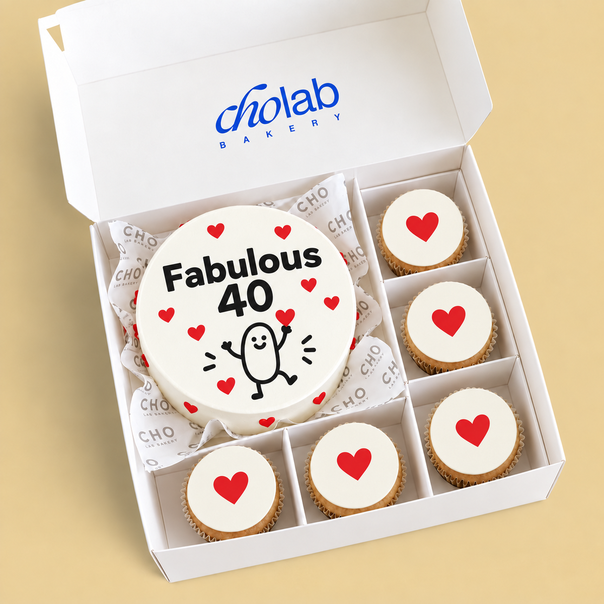 Fabulous Forty — Edible Print — one mini cake and five cupcakes with edible printed artwork