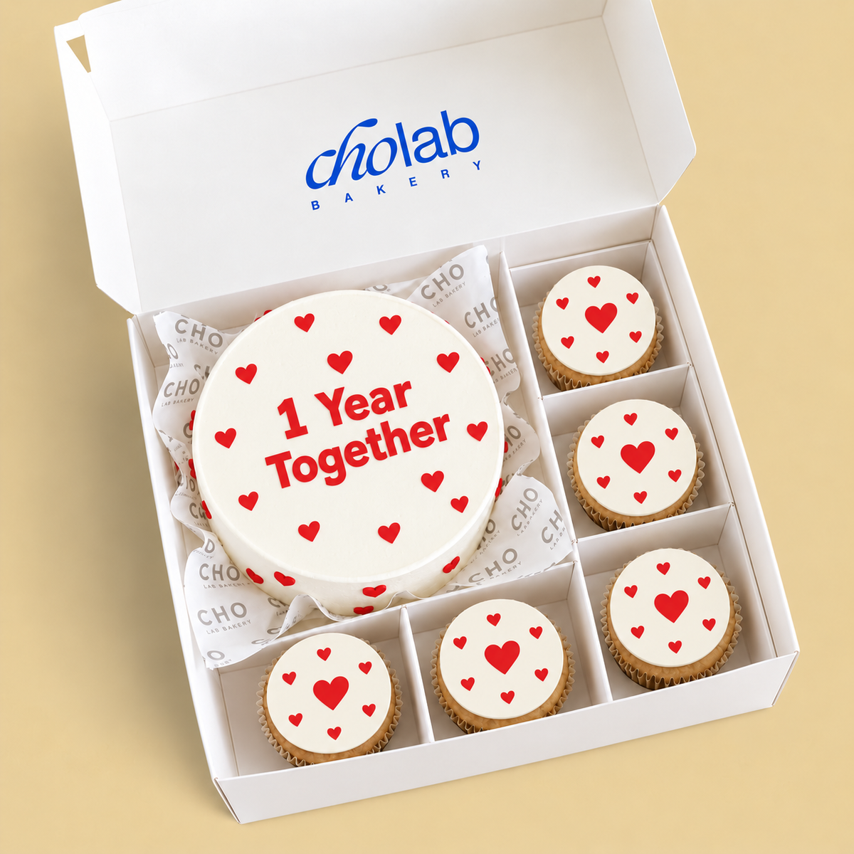 One Year Together — Edible Print — one mini cake and five cupcakes with edible printed artwork