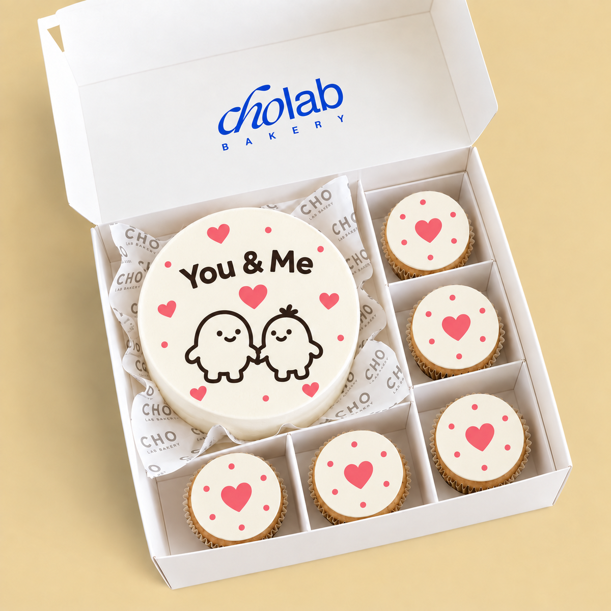 You & Me — Edible Print — one mini cake and five cupcakes with edible printed artwork