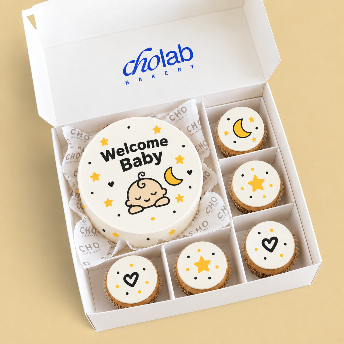 A Little Arrival — Edible Print — one mini cake and five cupcakes with edible printed artwork