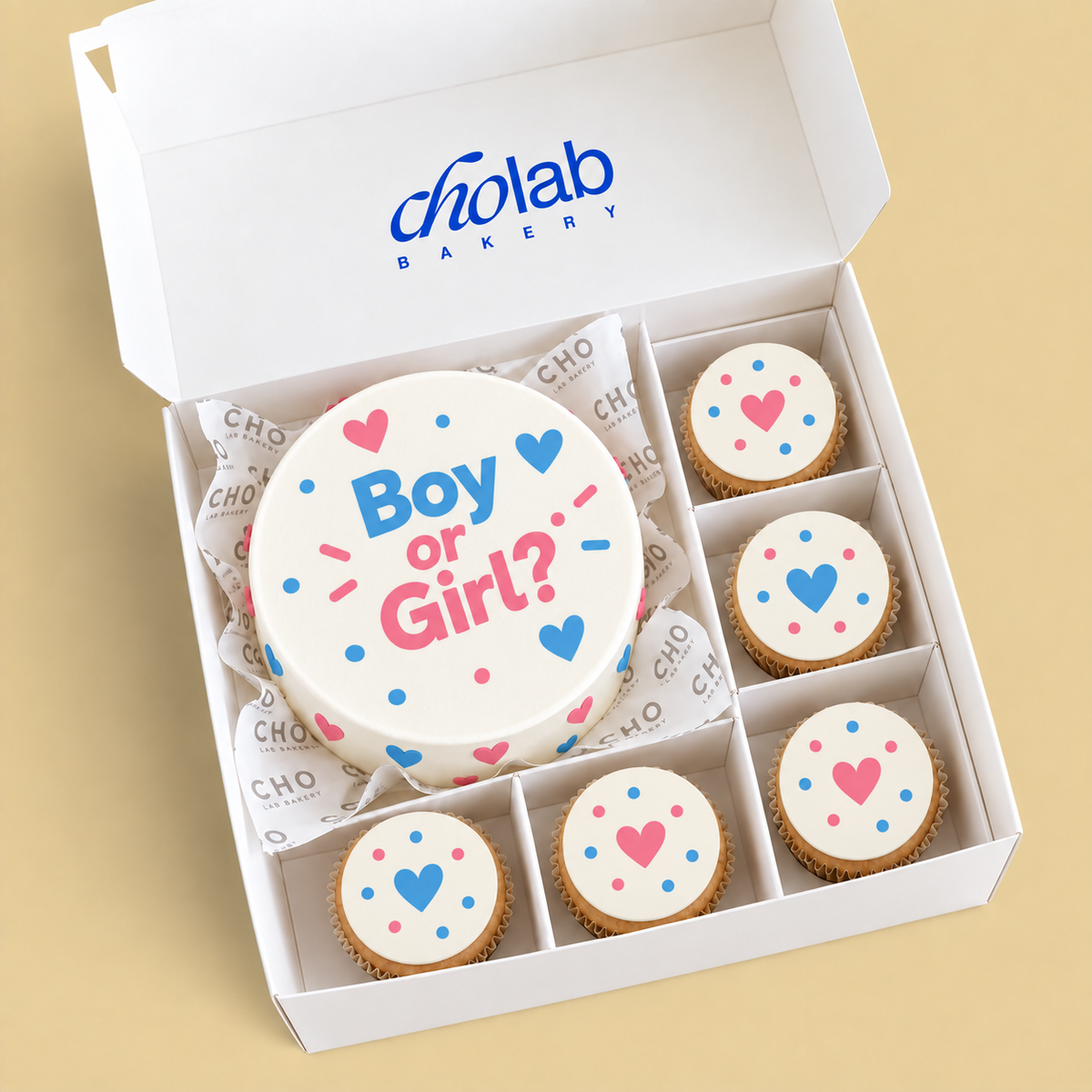 Boy or Girl — Edible Print — one mini cake and five cupcakes with edible printed artwork