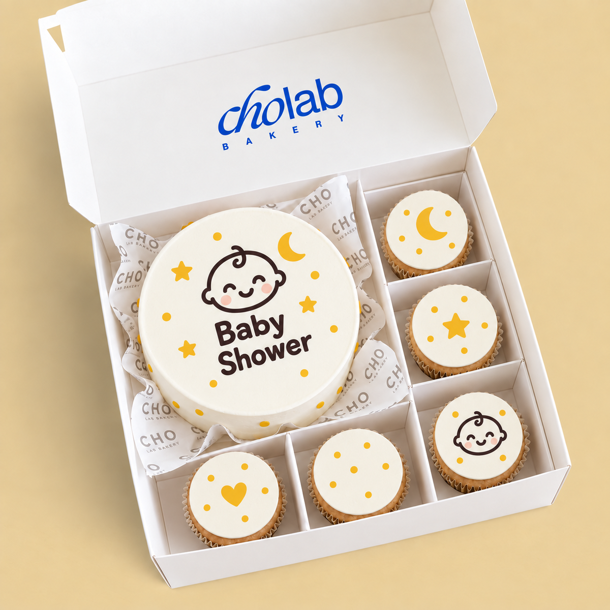 Baby Shower — Sunshine — Edible Print — one mini cake and five cupcakes with edible printed artwork