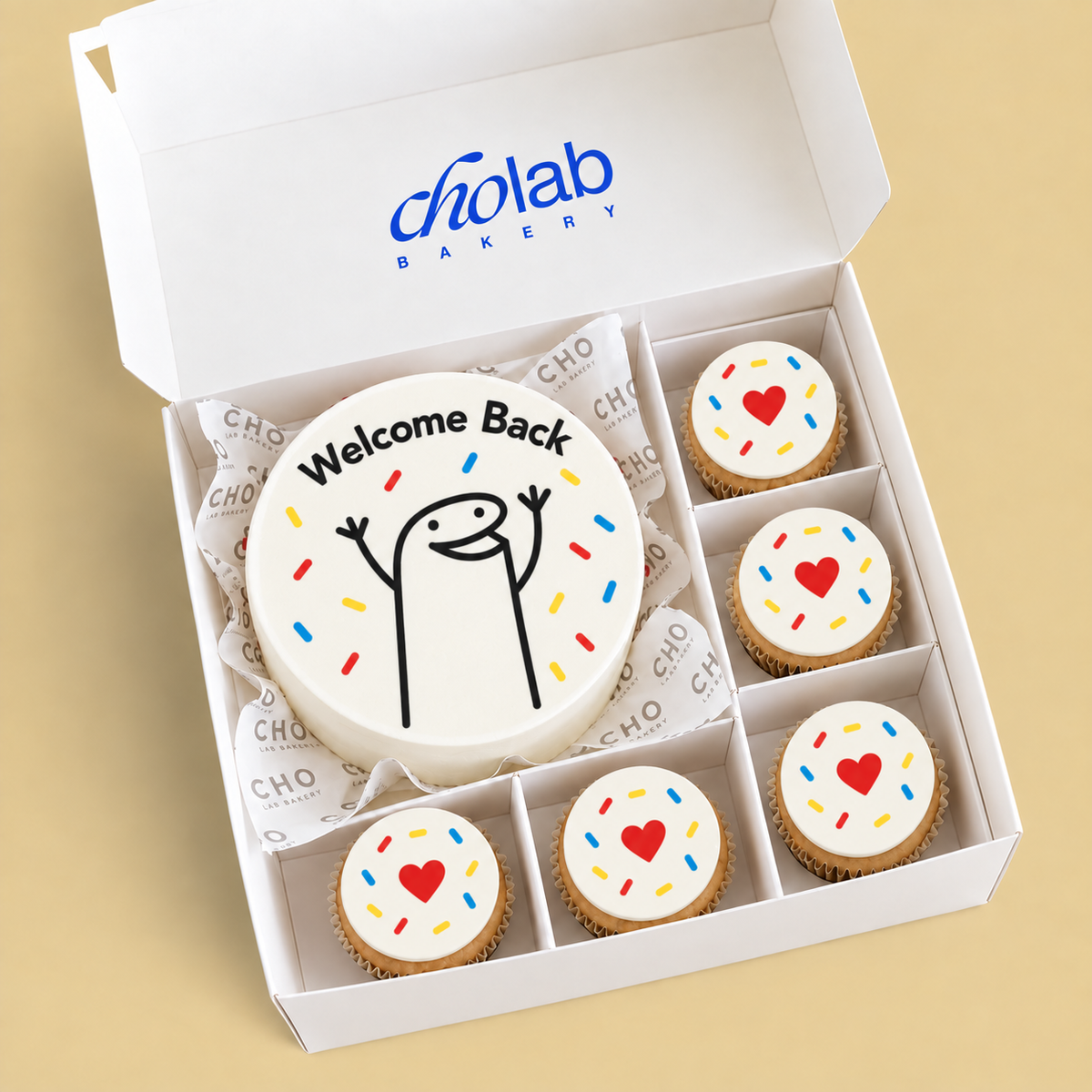 Welcome Back — Edible Print — one mini cake and five cupcakes with edible printed artwork