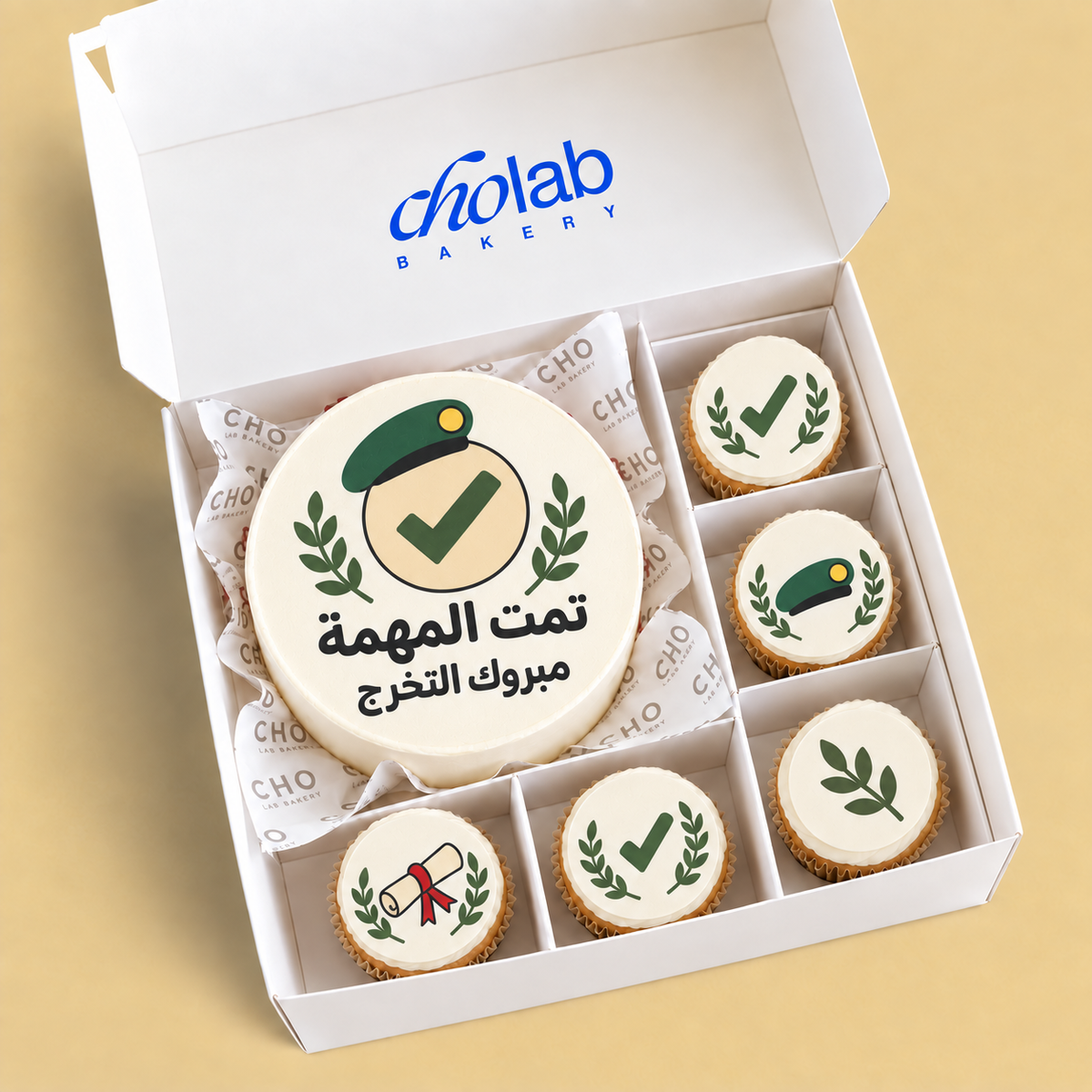 CHO Lab Mission Complete — Edible Print — one mini cake and five cupcakes with edible sugar print