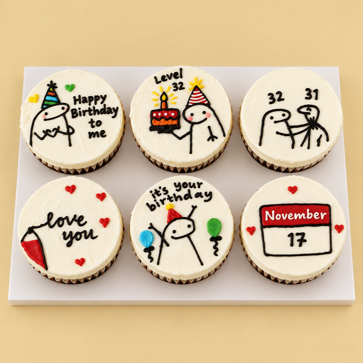 Birthday Doodle Cupcake Box — six-piece design on a white board against a warm beige background