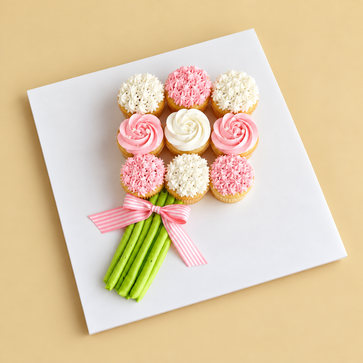 Pink and white floral bouquet containing nine cupcakes