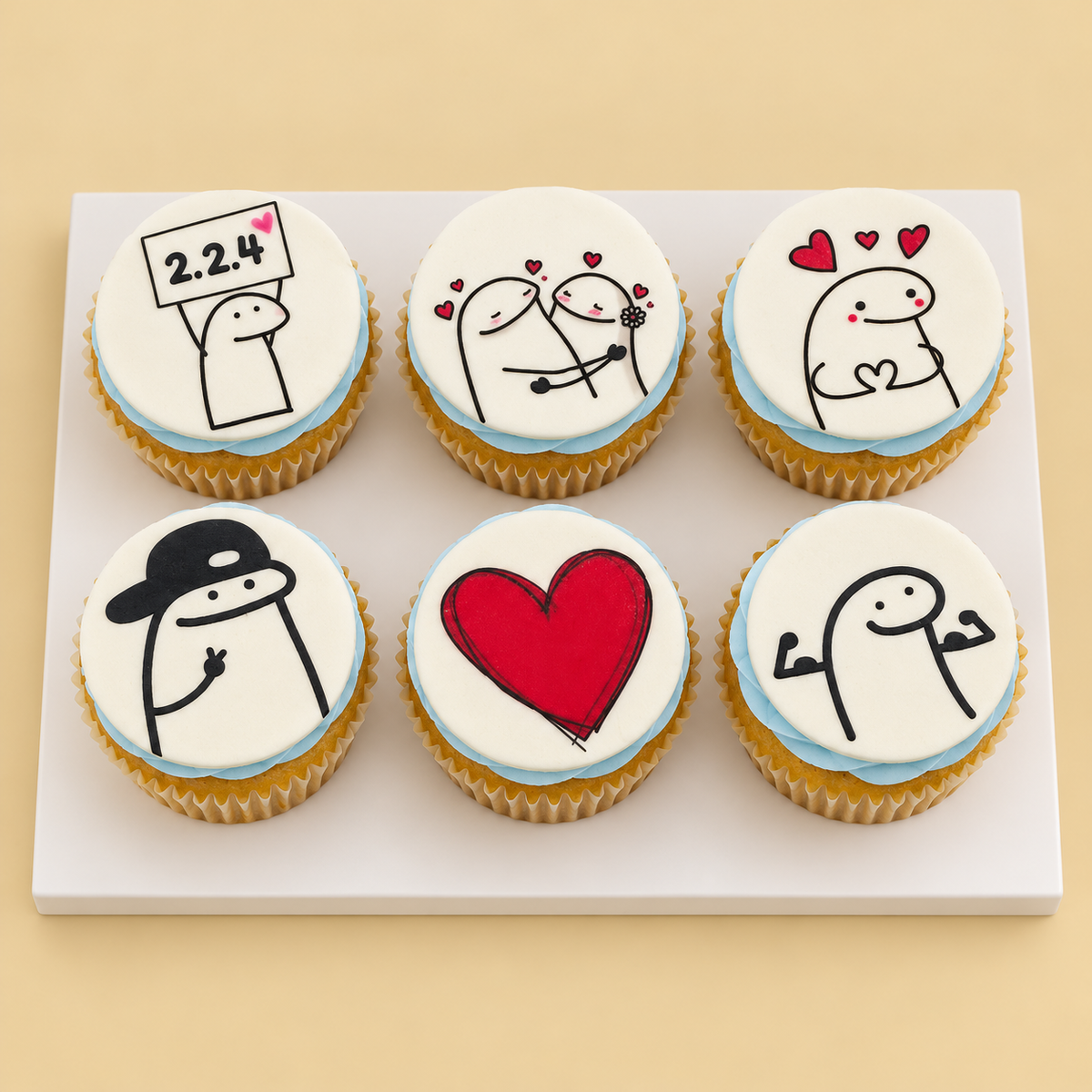 Love Notes Cupcake Box — six-piece design on a white board against a warm beige background