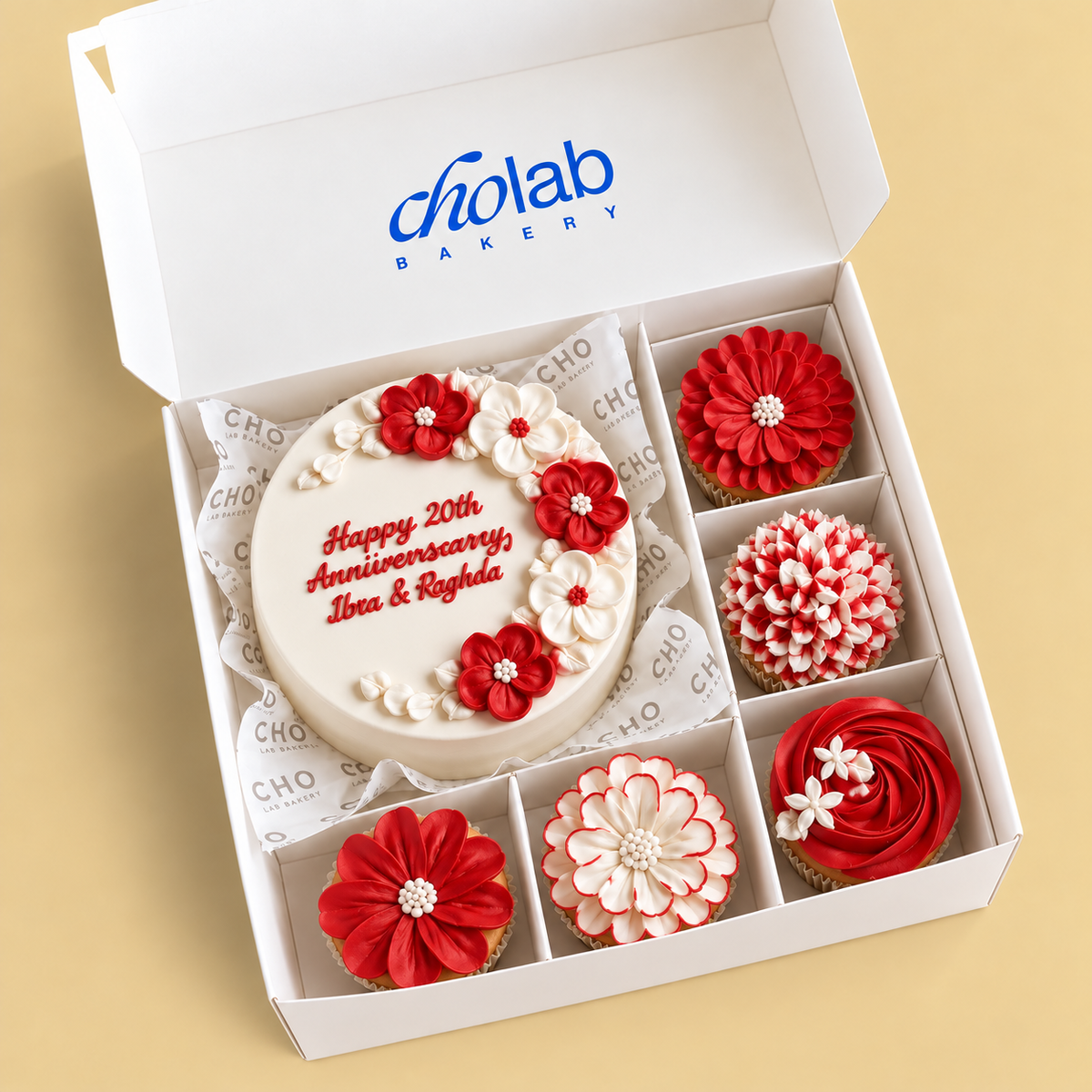 Anniversary in Bloom — one mini cake and five matching cupcakes in CHO packaging