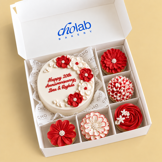 Anniversary in Bloom — one mini cake and five matching cupcakes in CHO packaging