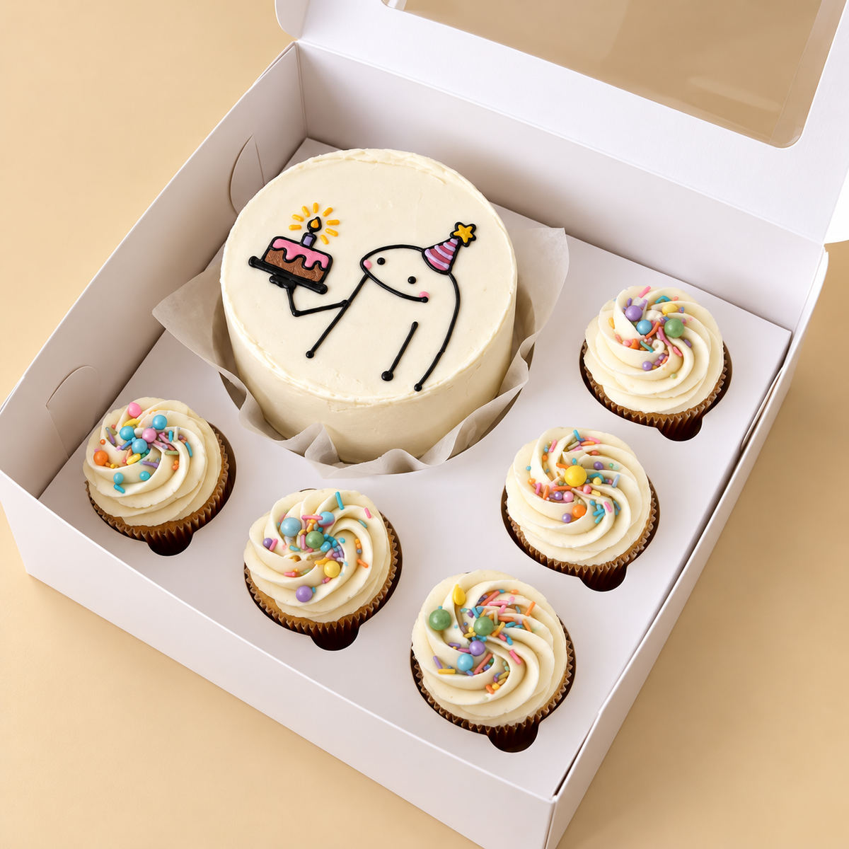 Birthday Sprinkle Smile: one mini cake and five matching cupcakes