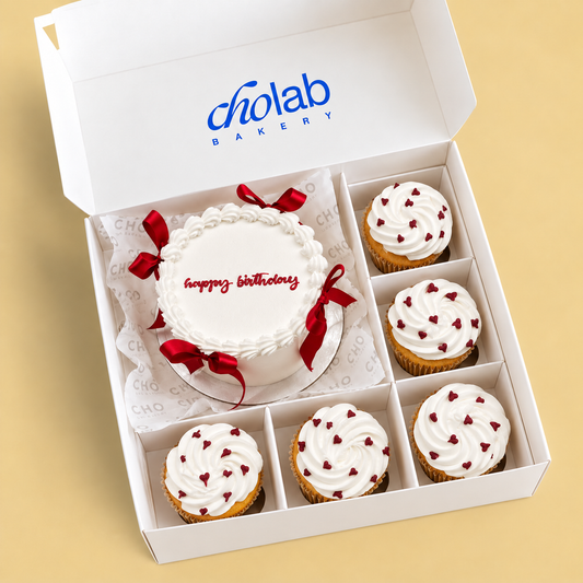 Crimson Bows — one mini cake and five matching cupcakes in CHO packaging