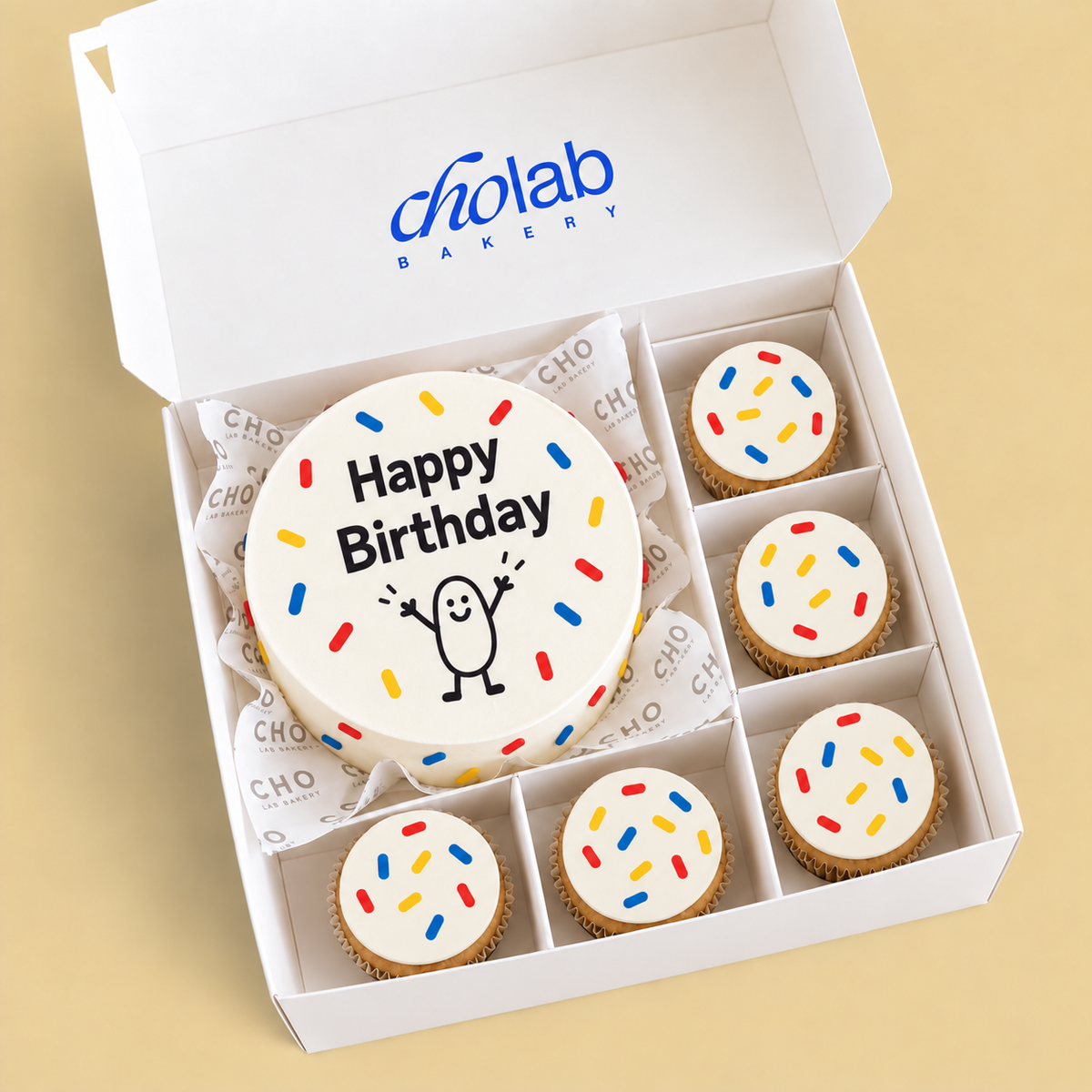 Birthday Confetti — Edible Print — one mini cake and five cupcakes with edible printed artwork