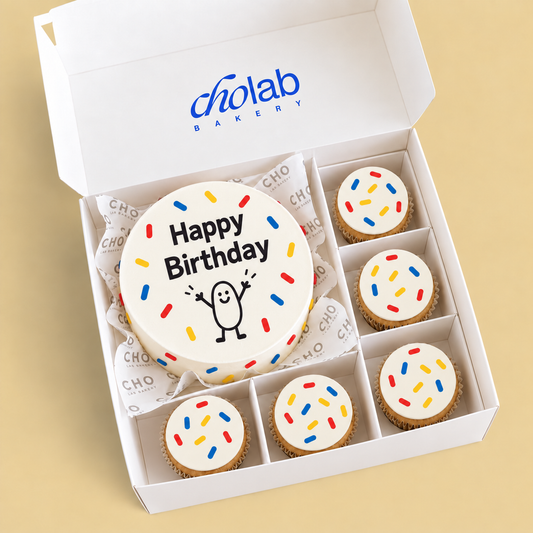 Birthday Confetti — Edible Print — one mini cake and five cupcakes with edible printed artwork