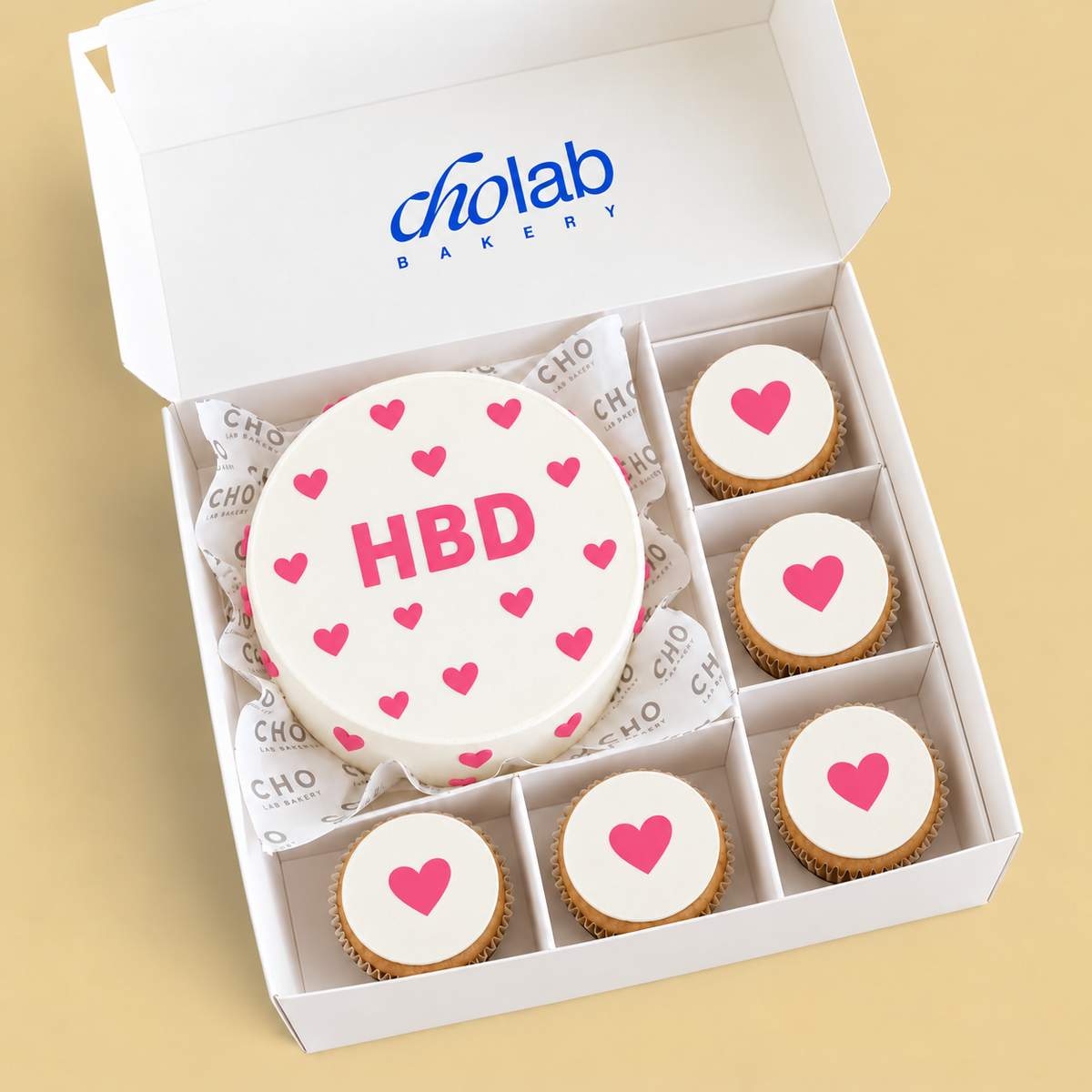 Birthday Hearts — Blush — Edible Print — one mini cake and five cupcakes with edible printed artwork
