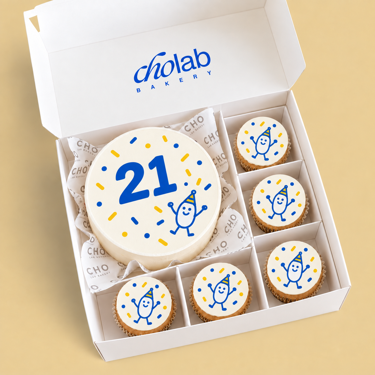 Twenty One — Edible Print — one mini cake and five cupcakes with edible printed artwork
