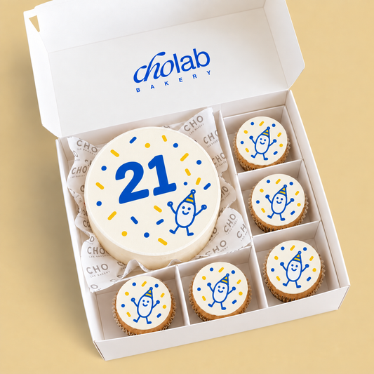 Twenty One — Edible Print — one mini cake and five cupcakes with edible printed artwork