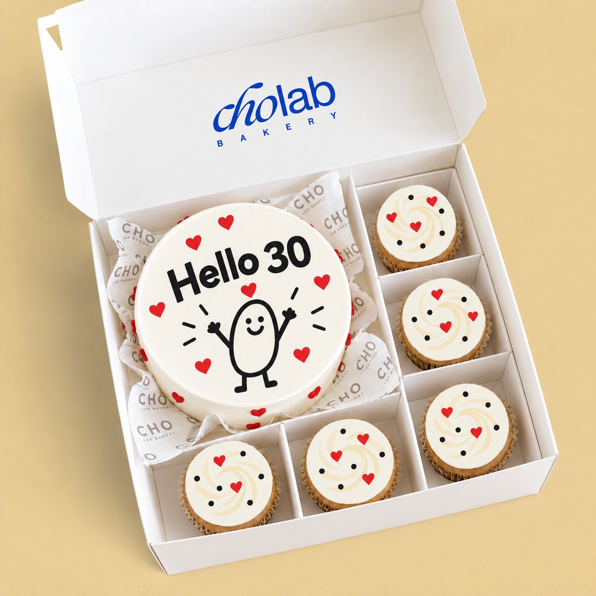 Hello Thirty — Edible Print — one mini cake and five cupcakes with edible printed artwork