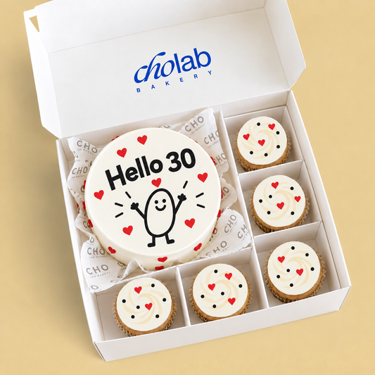 Hello Thirty — Edible Print — one mini cake and five cupcakes with edible printed artwork