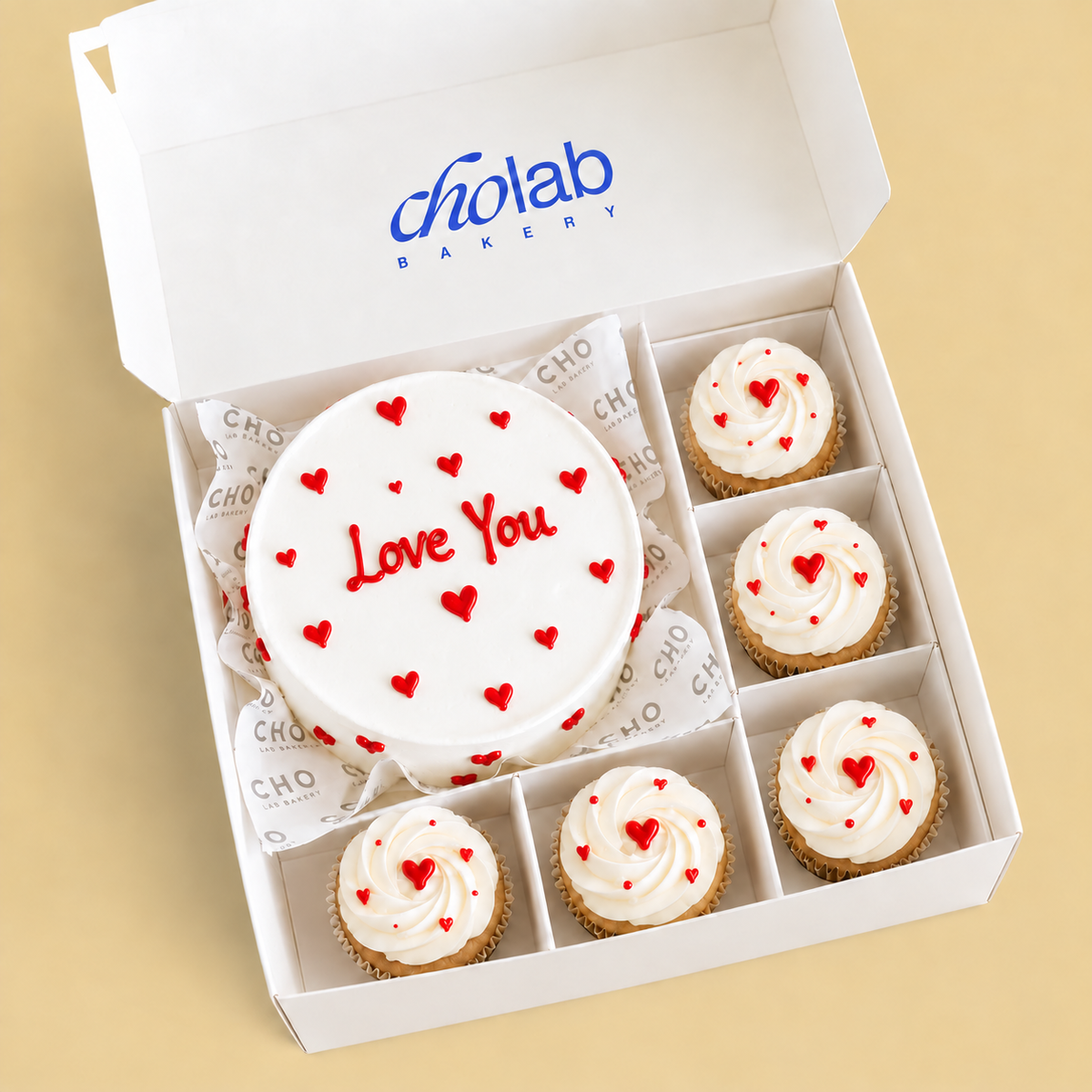 Love You — CHO Lab mini cake with five matching cupcakes