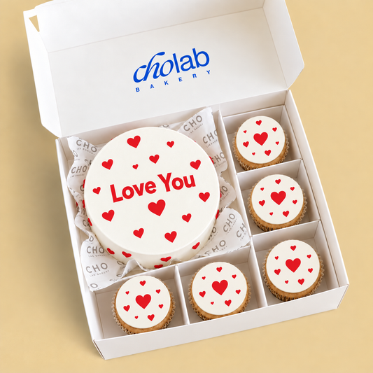 Love You — Edible Print — one mini cake and five cupcakes with edible printed artwork