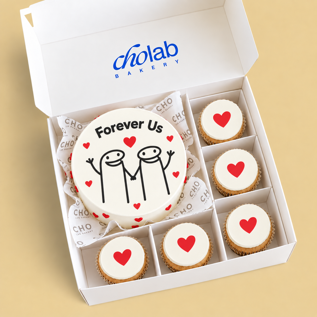 Forever Us — Edible Print — one mini cake and five cupcakes with edible printed artwork