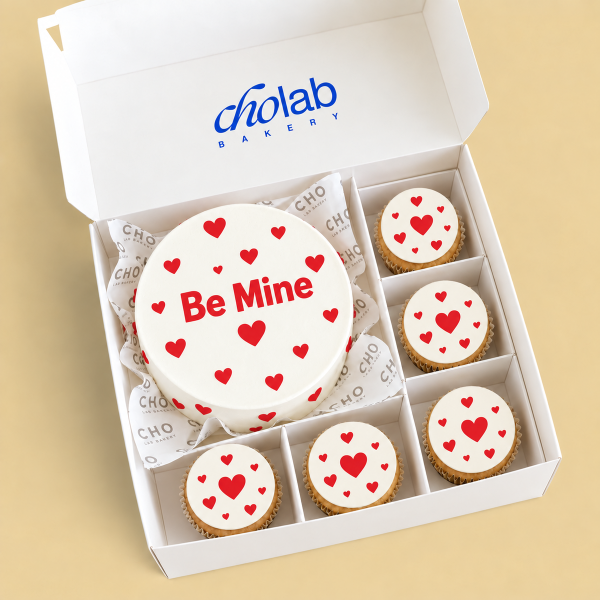 Be Mine — Edible Print — one mini cake and five cupcakes with edible printed artwork