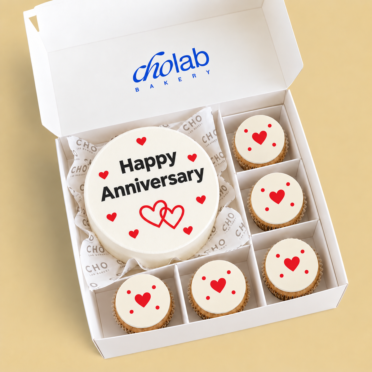 Happy Anniversary — Edible Print — one mini cake and five cupcakes with edible printed artwork