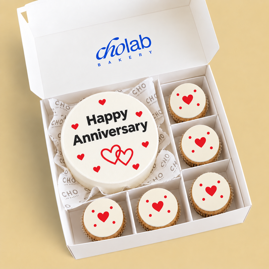Happy Anniversary — Edible Print — one mini cake and five cupcakes with edible printed artwork