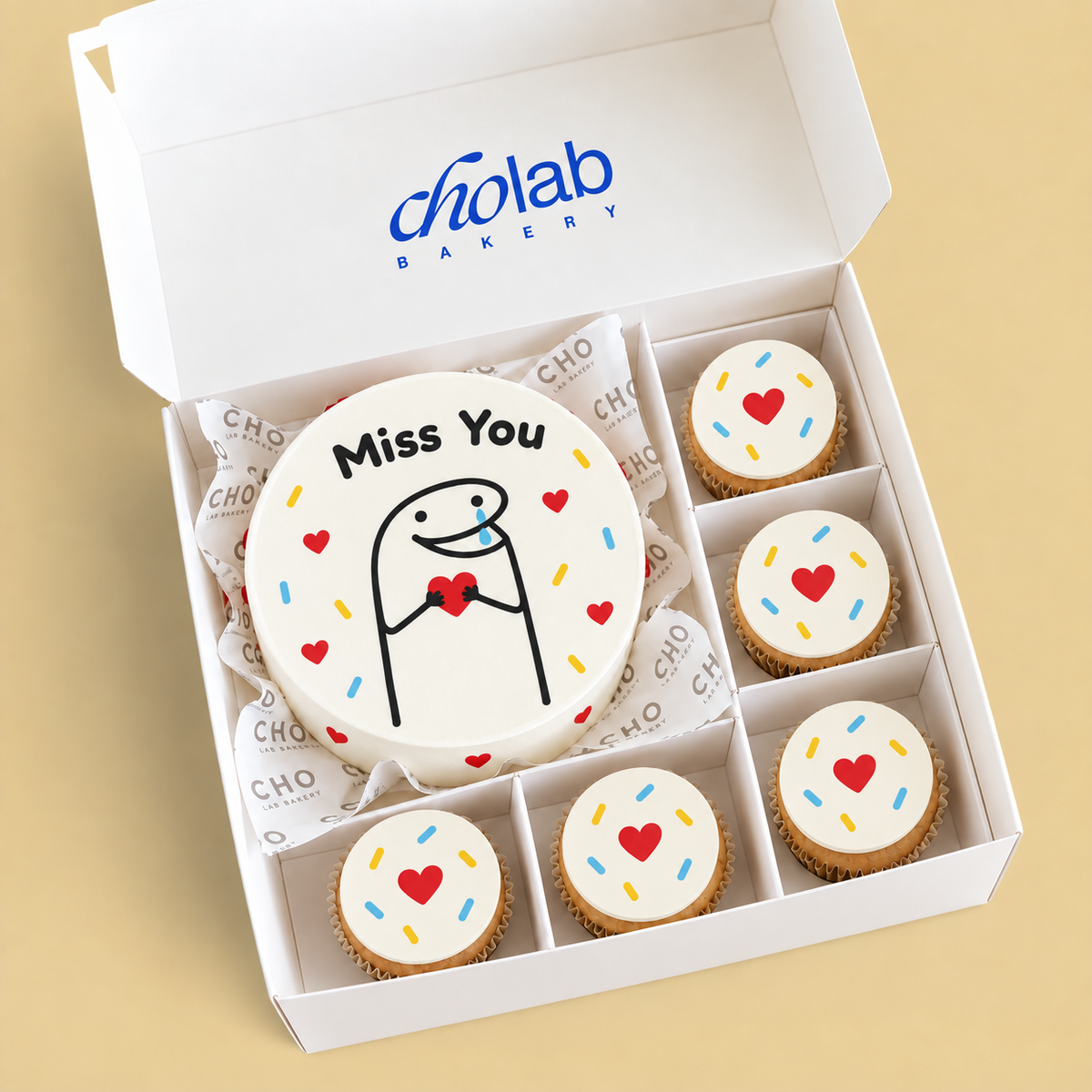 Miss You — Edible Print — one mini cake and five cupcakes with edible printed artwork
