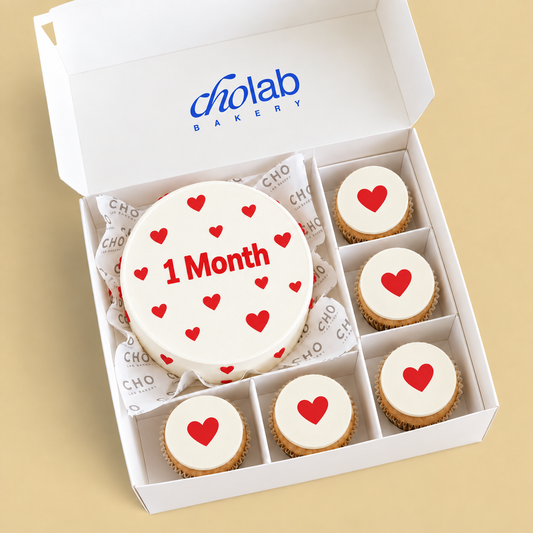 One Month — Edible Print — one mini cake and five cupcakes with edible printed artwork
