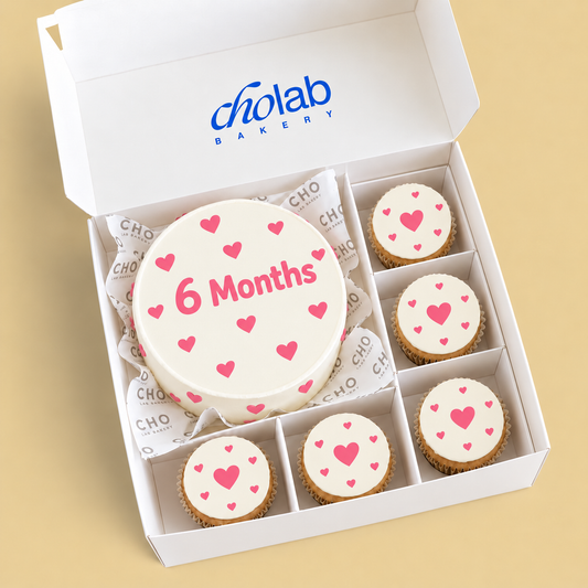 Six Months — Edible Print — one mini cake and five cupcakes with edible printed artwork