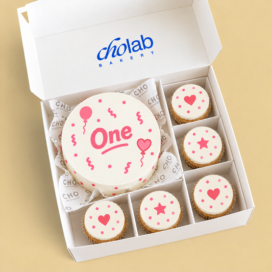 One — Blush — Edible Print — one mini cake and five cupcakes with edible printed artwork