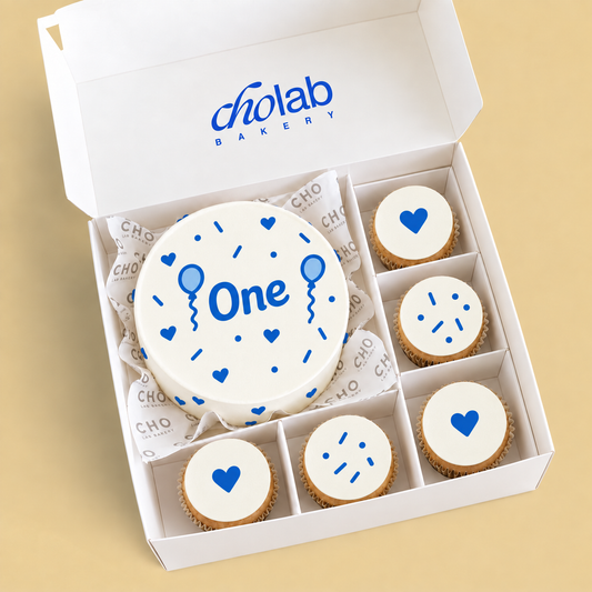 One — Blue — Edible Print — one mini cake and five cupcakes with edible printed artwork
