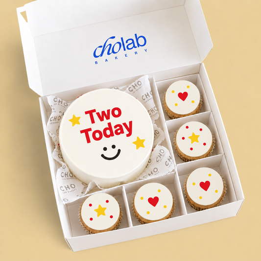Two Today — Edible Print — one mini cake and five cupcakes with edible printed artwork