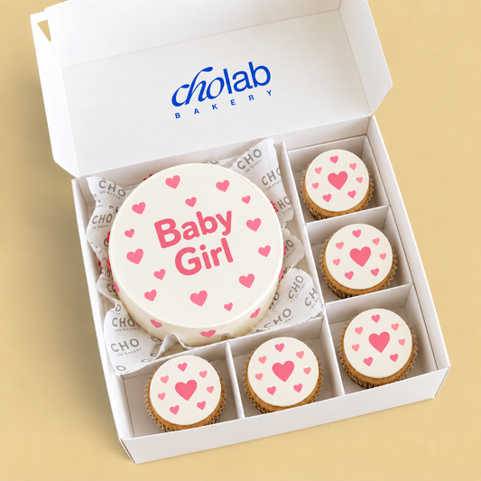 Baby Girl — Hearts — Edible Print — one mini cake and five cupcakes with edible printed artwork
