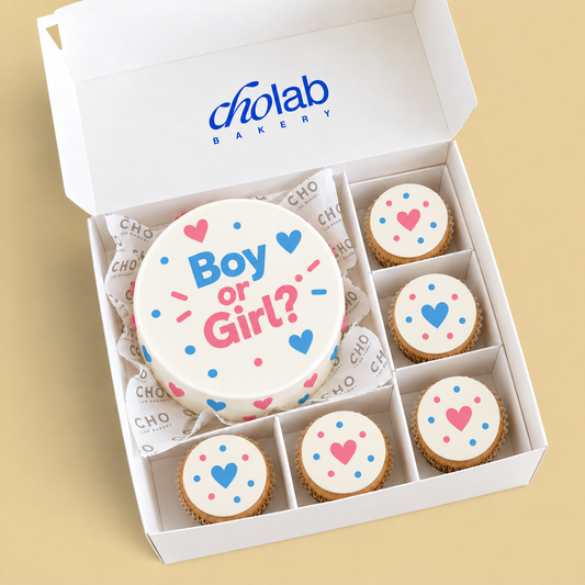Boy or Girl — Edible Print — one mini cake and five cupcakes with edible printed artwork