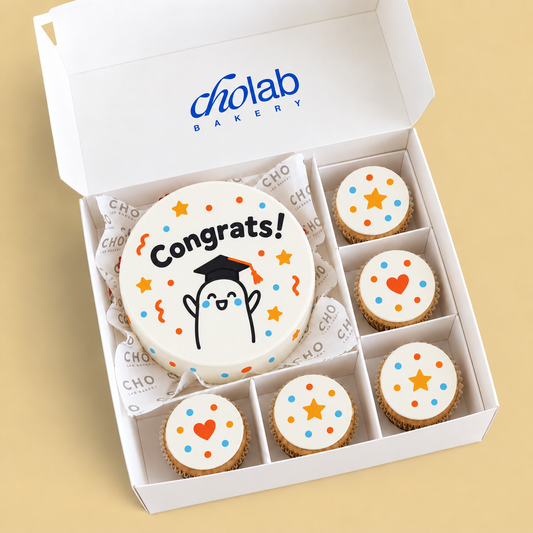 Congratulations — Edible Print — one mini cake and five cupcakes with edible printed artwork