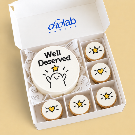 Well Deserved — Edible Print — one mini cake and five cupcakes with edible printed artwork