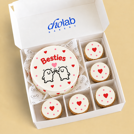 Besties — Edible Print — one mini cake and five cupcakes with edible printed artwork
