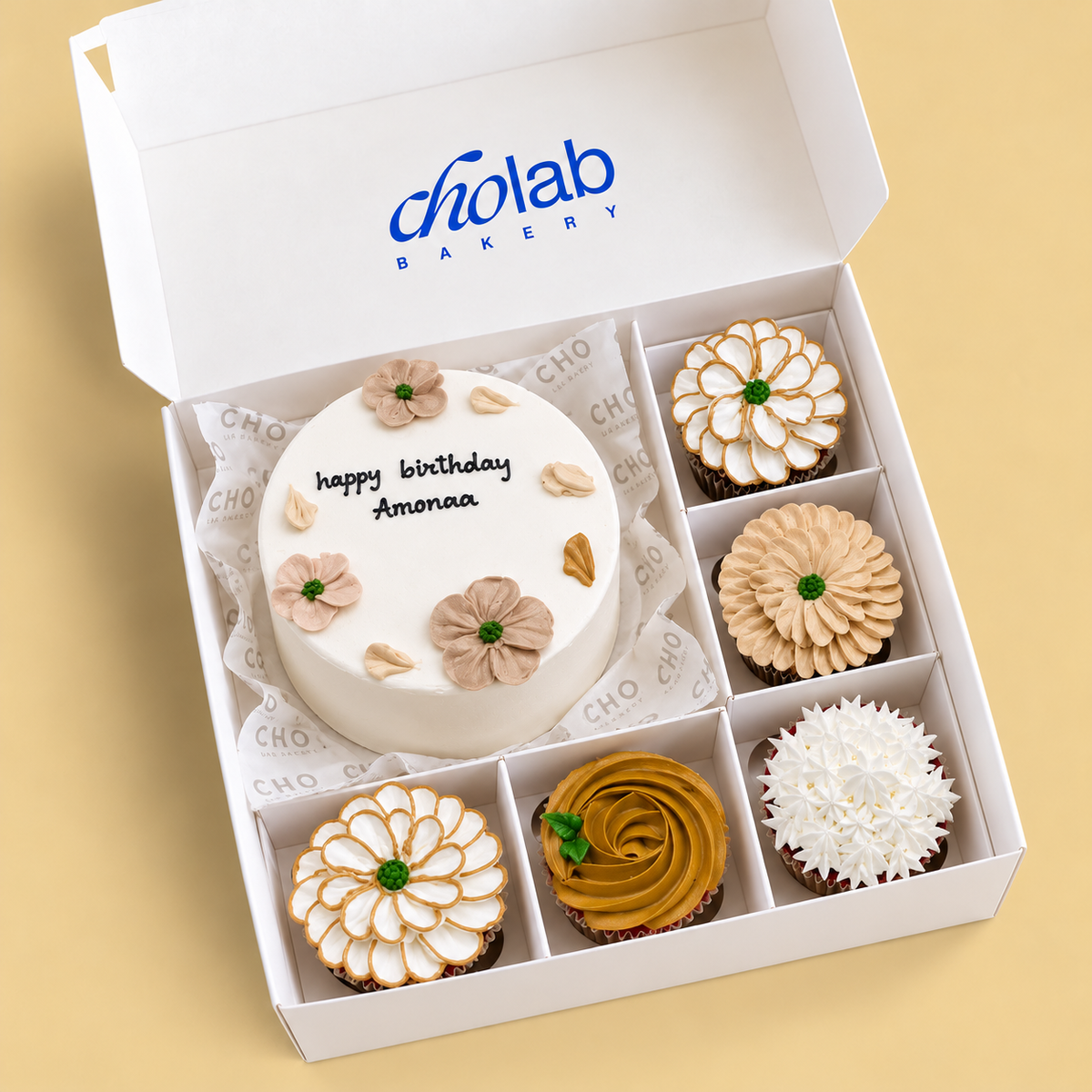 Golden Petals — one mini cake and five matching cupcakes in CHO packaging