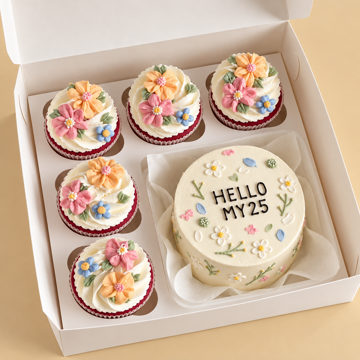 Hello Twenty Five: one mini cake and five matching cupcakes