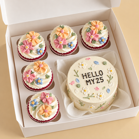 Hello Twenty Five: one mini cake and five matching cupcakes