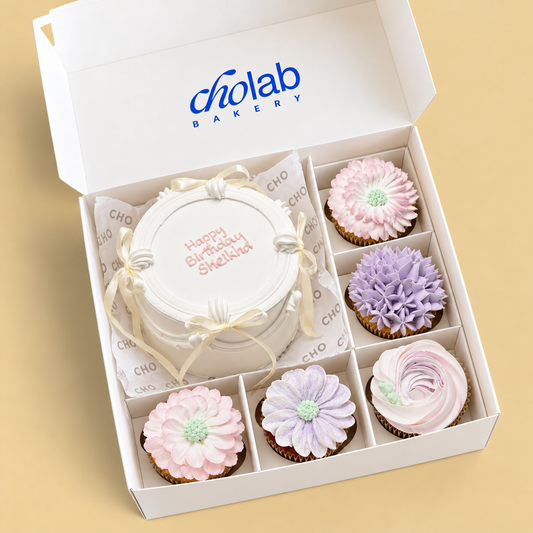 Pastel Wishes — one mini cake and five matching cupcakes in CHO packaging