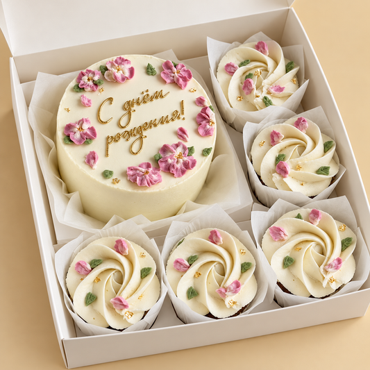 Pink Blossom Wishes: one mini cake and five matching cupcakes