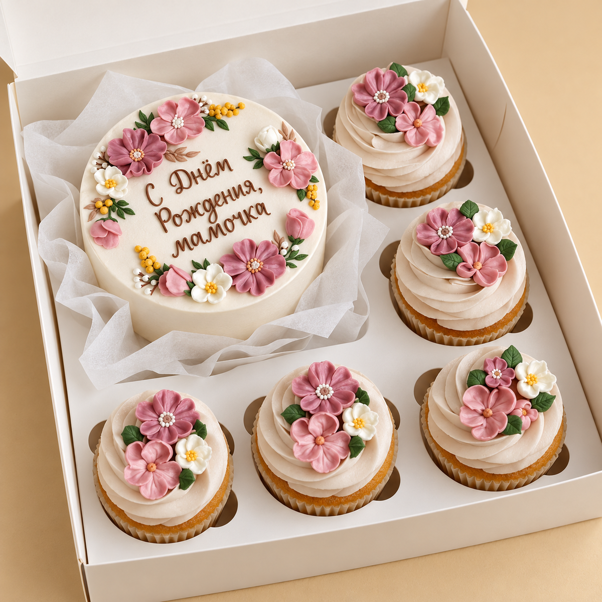 Mum's Birthday Garden: one mini cake and five matching cupcakes