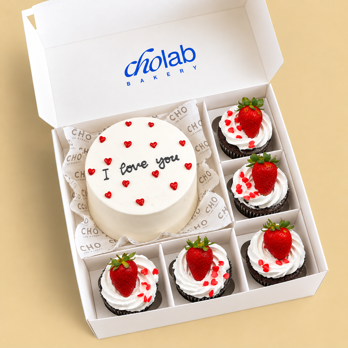 Strawberry Love — one mini cake and five matching cupcakes in CHO packaging