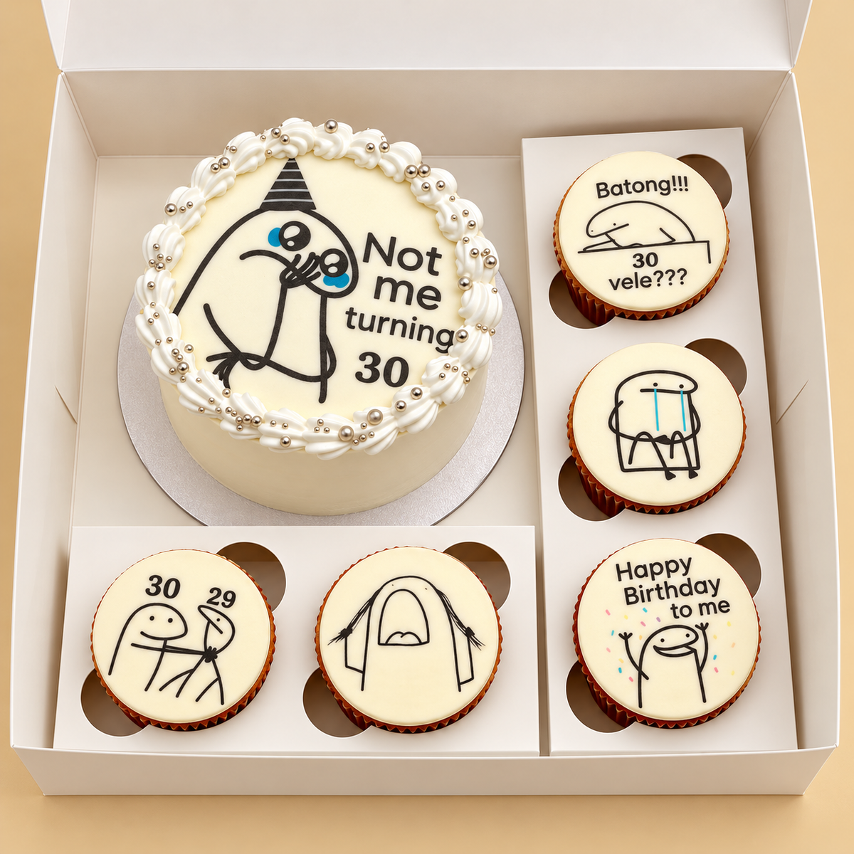 Turning Thirty in Ivory: one mini cake and five illustrated cupcakes