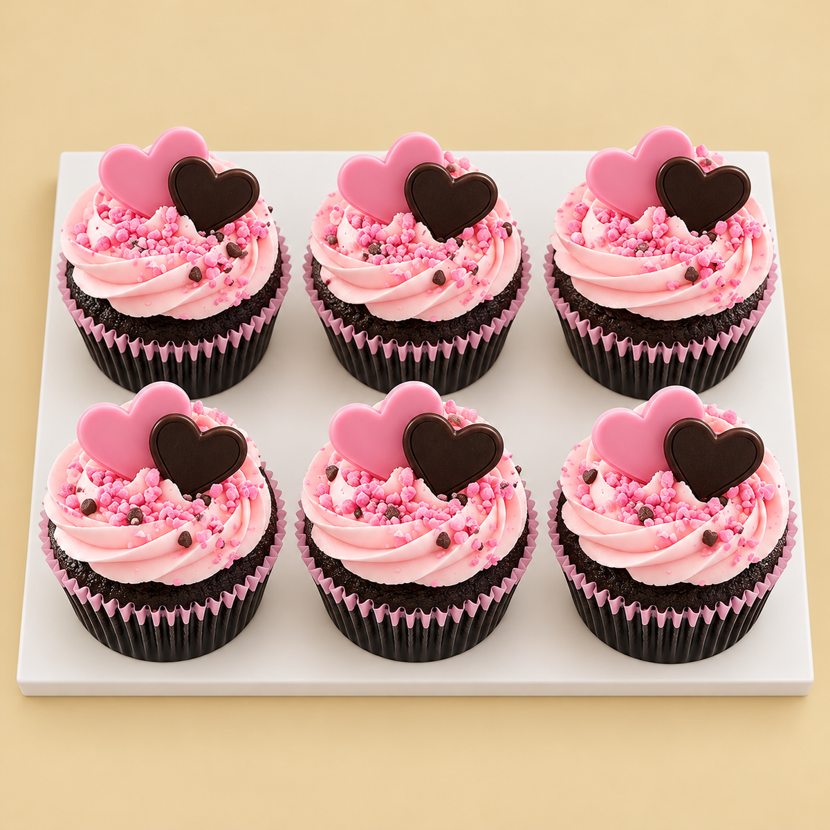 Pink & Chocolate Hearts Cupcake Box — six-piece design on a white board against a warm beige background